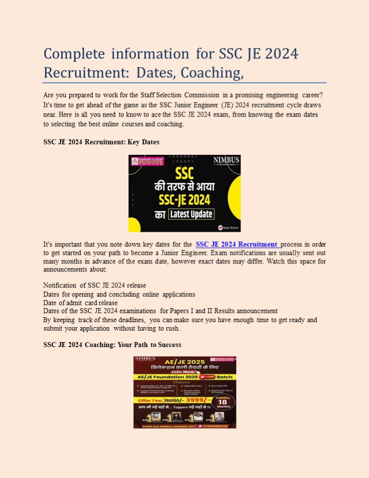 Complete information for SSC JE 2024 Recruitment: Dates, Coaching,