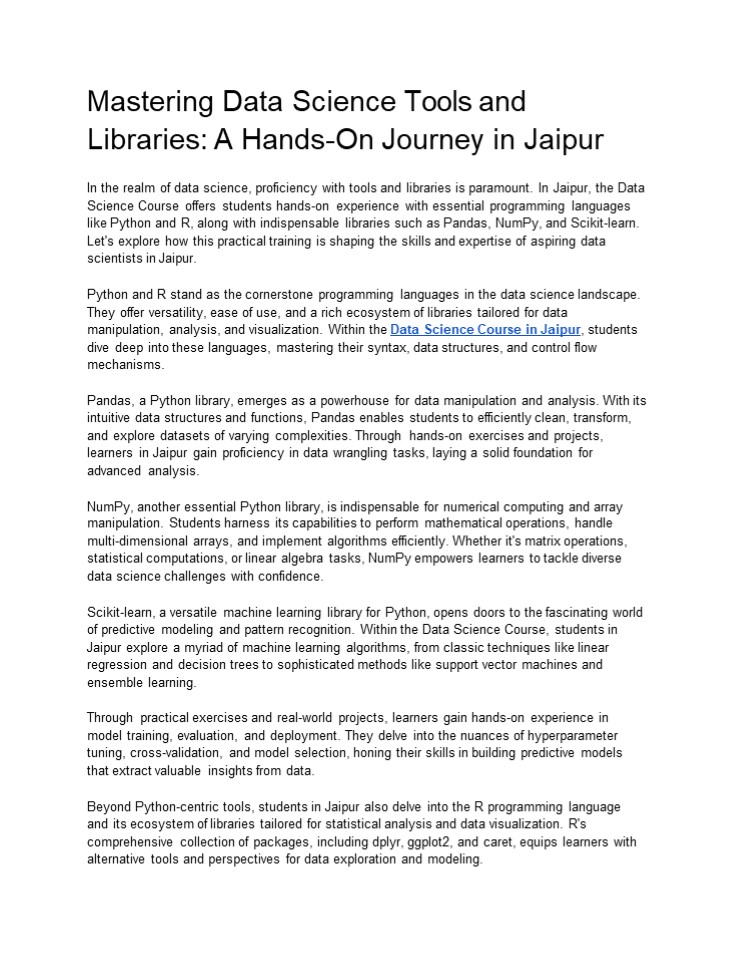 Mastering Data Science Tools and Libraries: A Hands-On Journey in Jaipur
