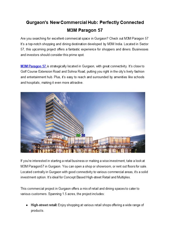 Gurgaon's New Commercial Hub - Perfectly Connected M3M Paragon 57