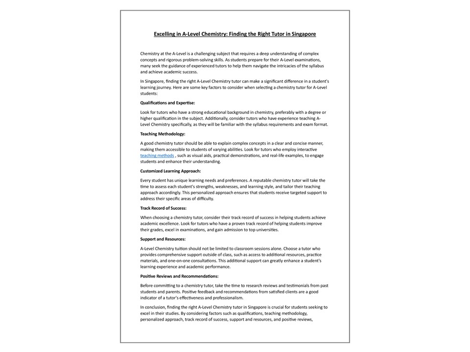 Excelling in A-Level Chemistry: Finding the Right Tutor in Singapore