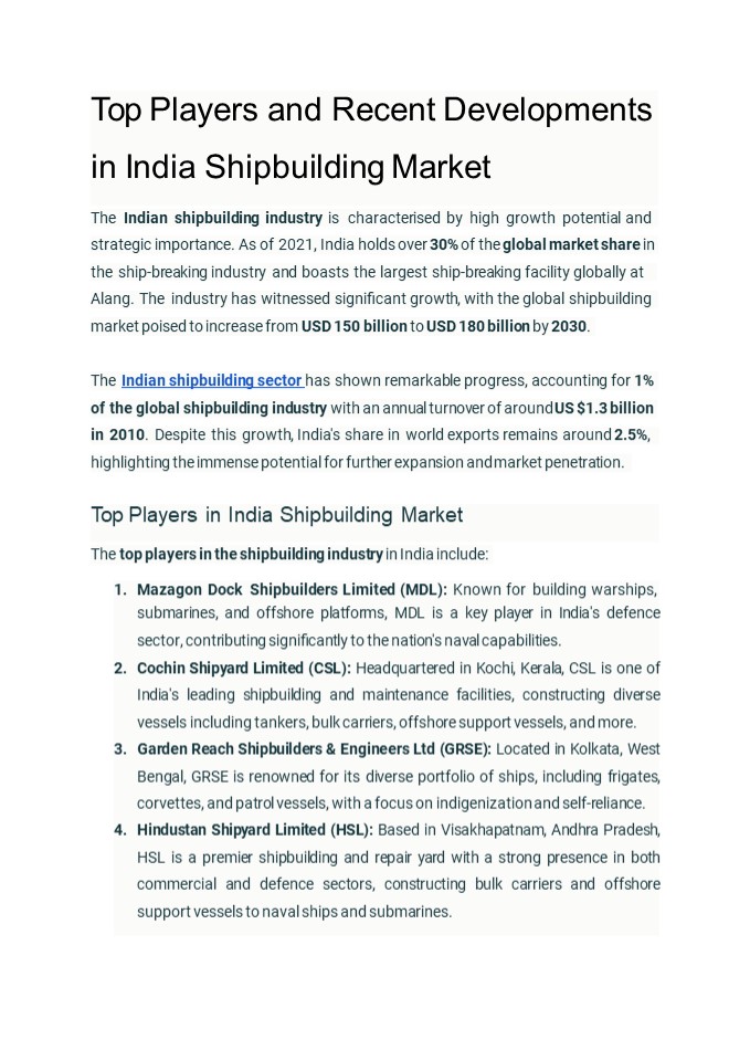 Top Players and Recent Developments in India Shipbuilding Market