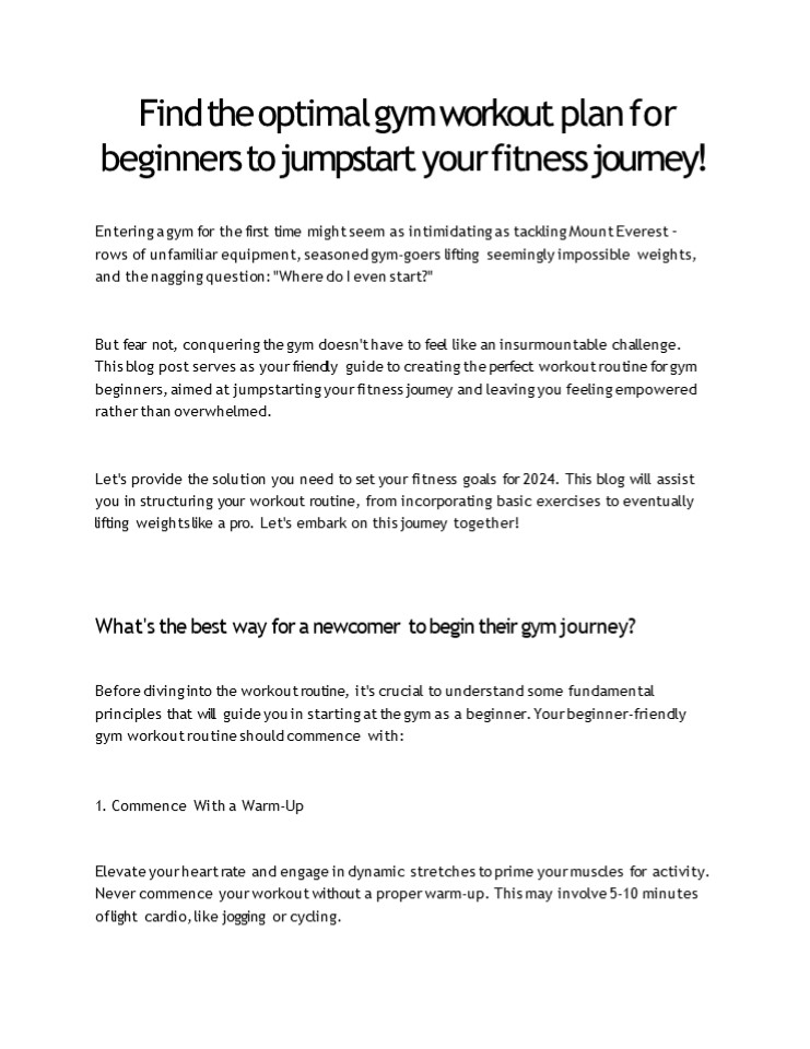 Find the optimal gym workout plan for beginners to jumpstart your fitness journey!
