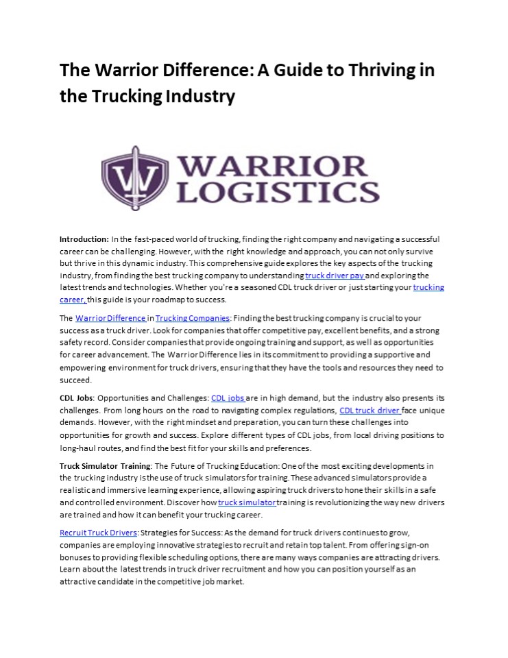 The Warrior Difference: A Guide to Thriving in the Trucking Industry