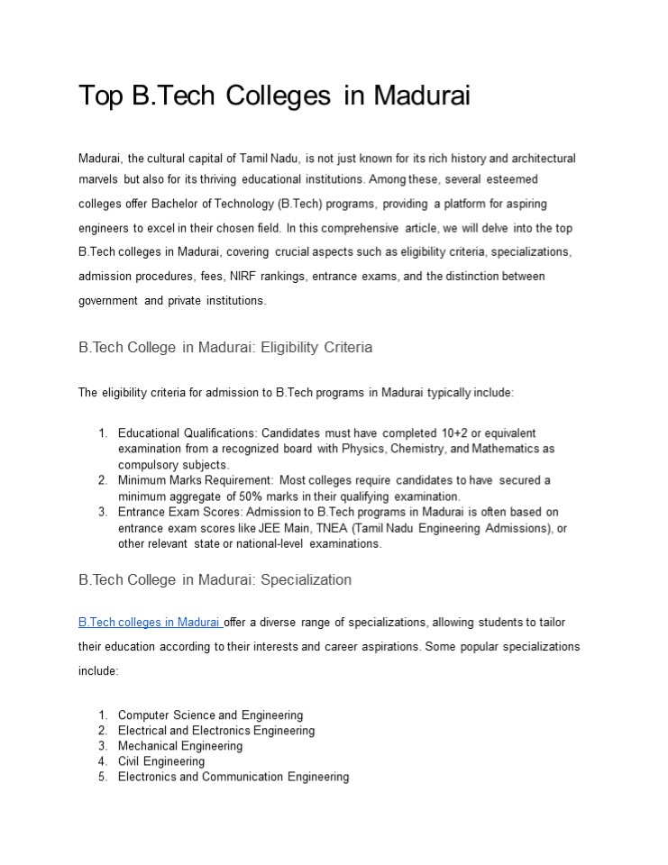 Top B.Tech Colleges in Madurai 2024-2025: