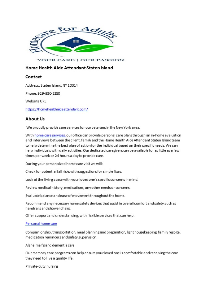 Home Health Aide Attendant Staten Island