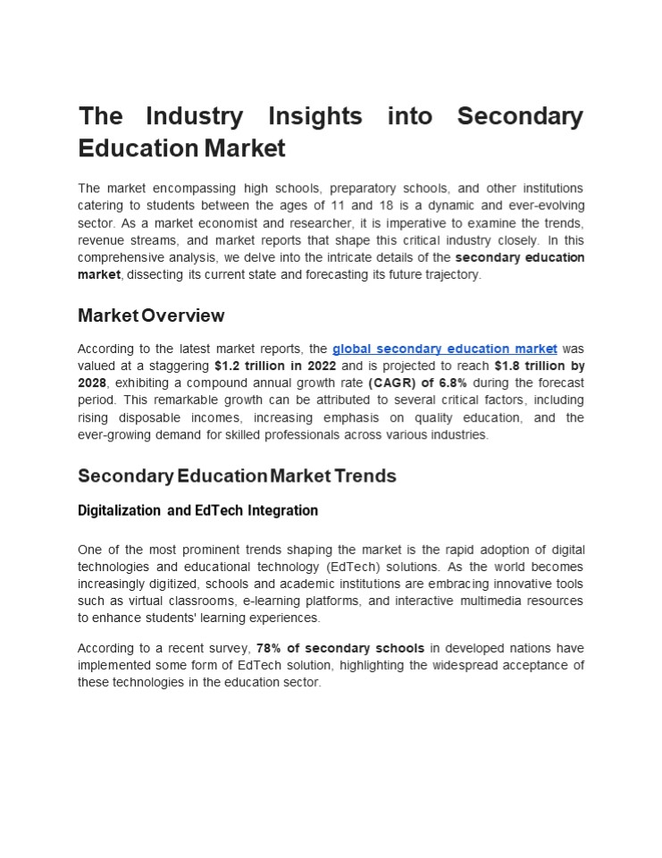 The Industry Insights into Secondary Education Market