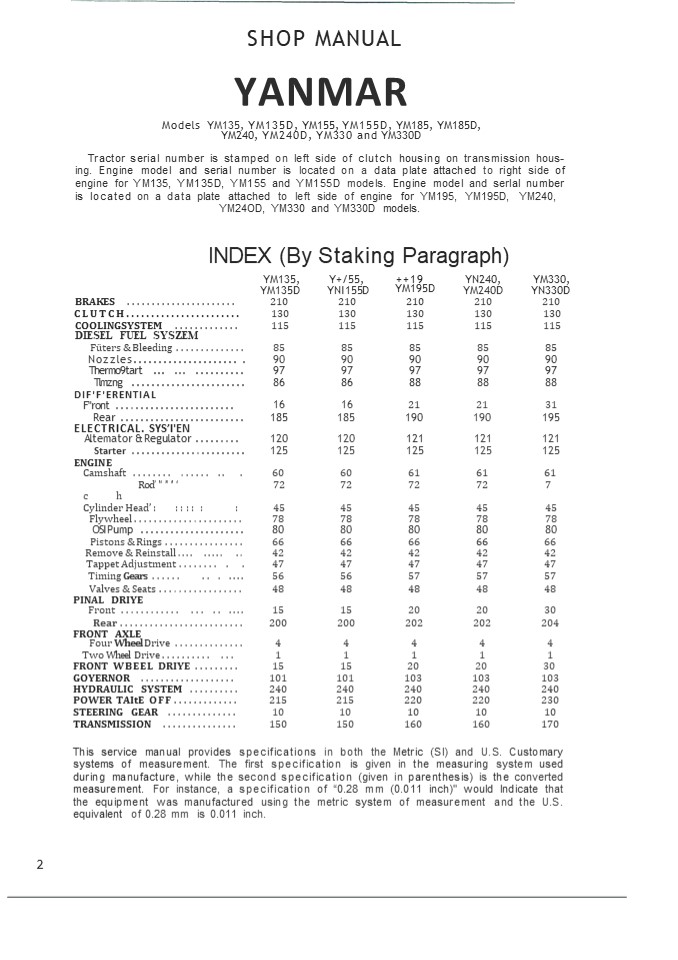 Yanmar YM330 Tractor Service Repair Manual
