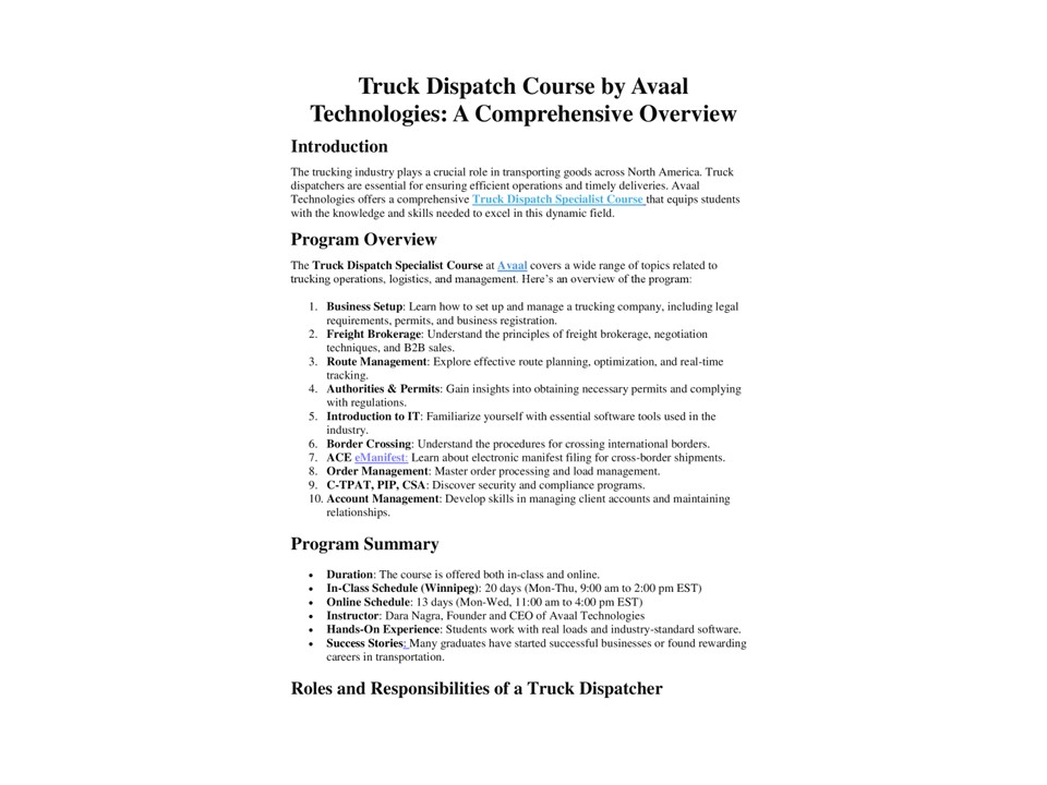 Truck Dispatch Course by Avaal Technologies: A Comprehensive Overview