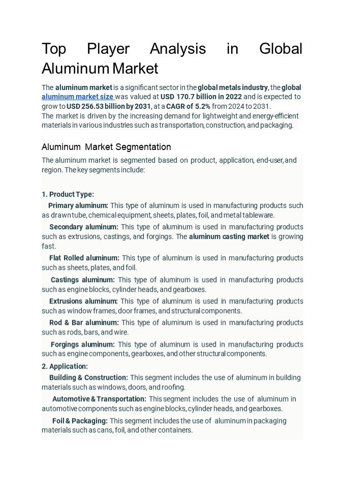 Top Player Analysis in Global Aluminum Market