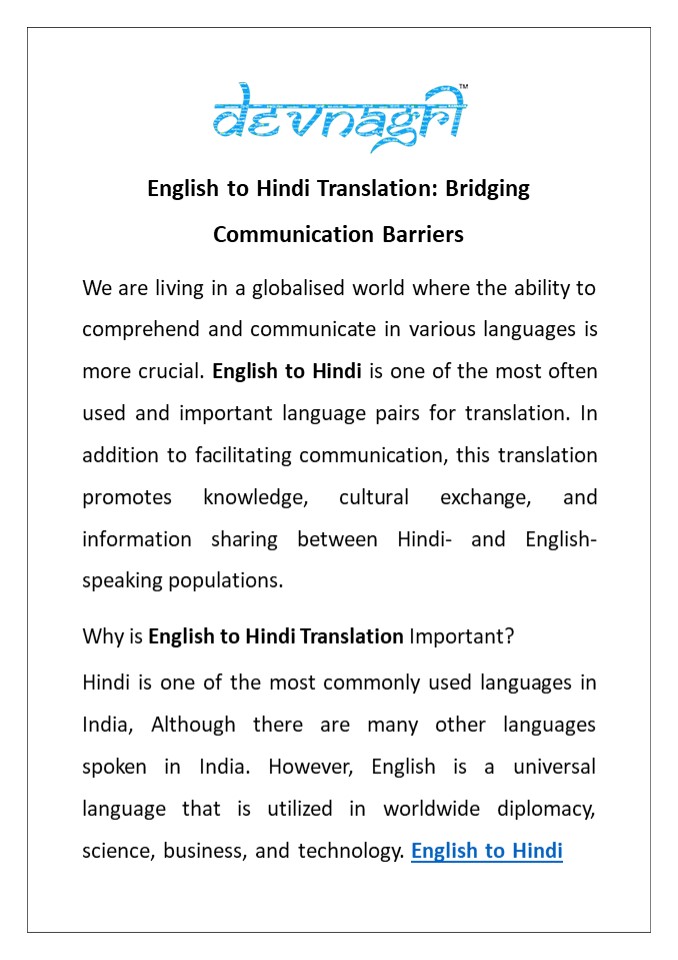 English to Hindi Translation: Bridging Communication Barriers