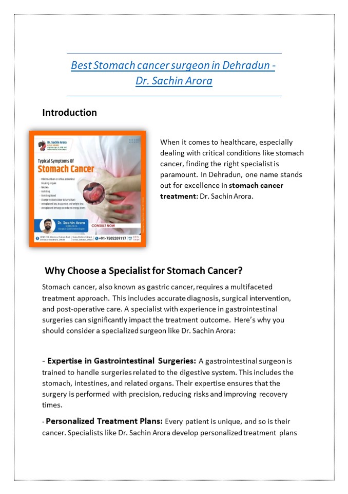 Best Stomach cancer surgeon in Dehradun - Dr. Sachin Arora