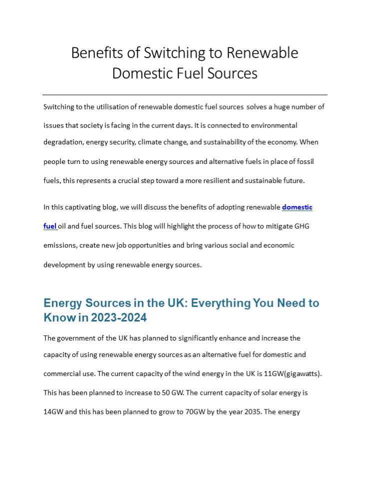 Benefits of Switching to Renewable Domestic Fuel Sources