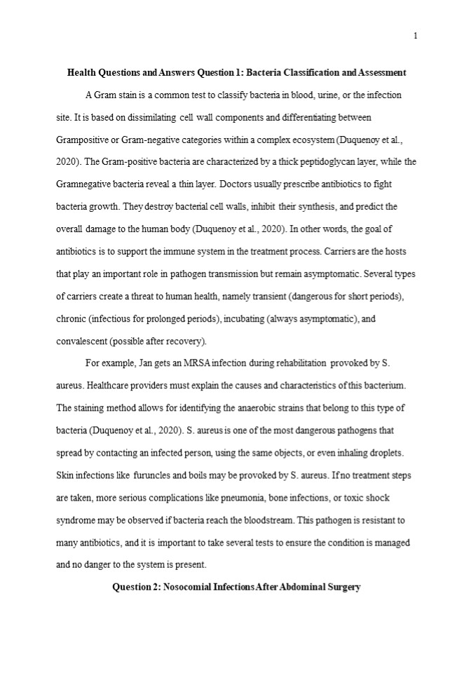 Health Questions ans Answers: Bacteria Classification, Nosocomial Infections, Cancer, Colorectal Cancer