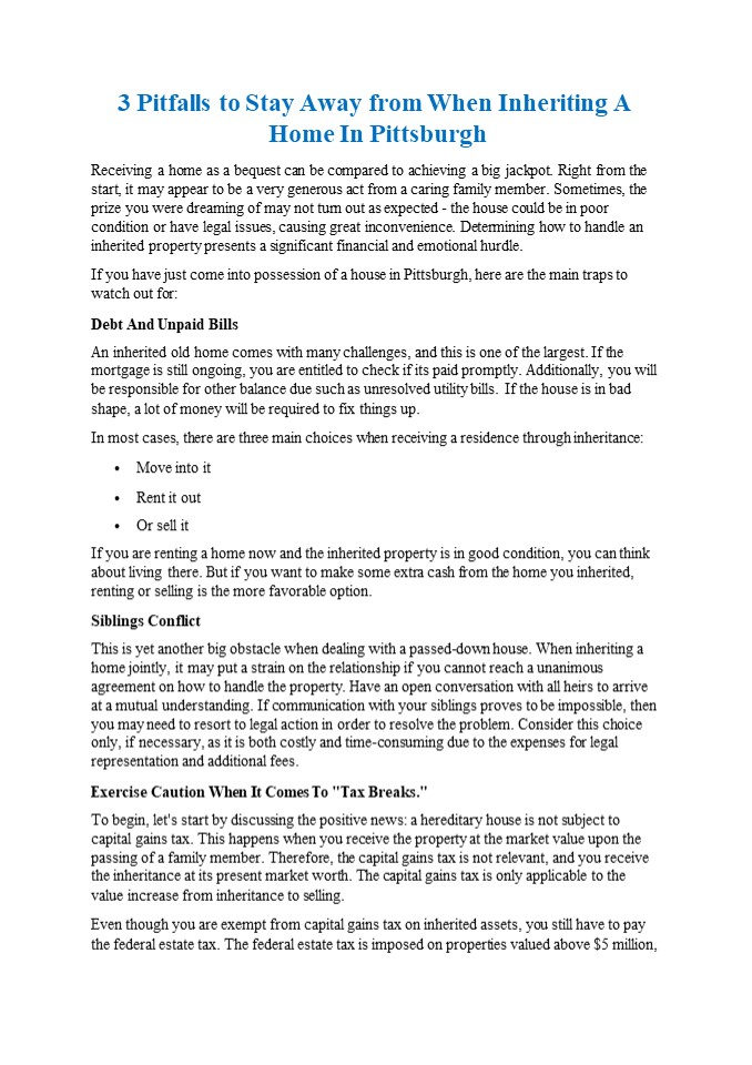 3 Pitfalls To Stay Away From When Inheriting A Home In Pittsburgh