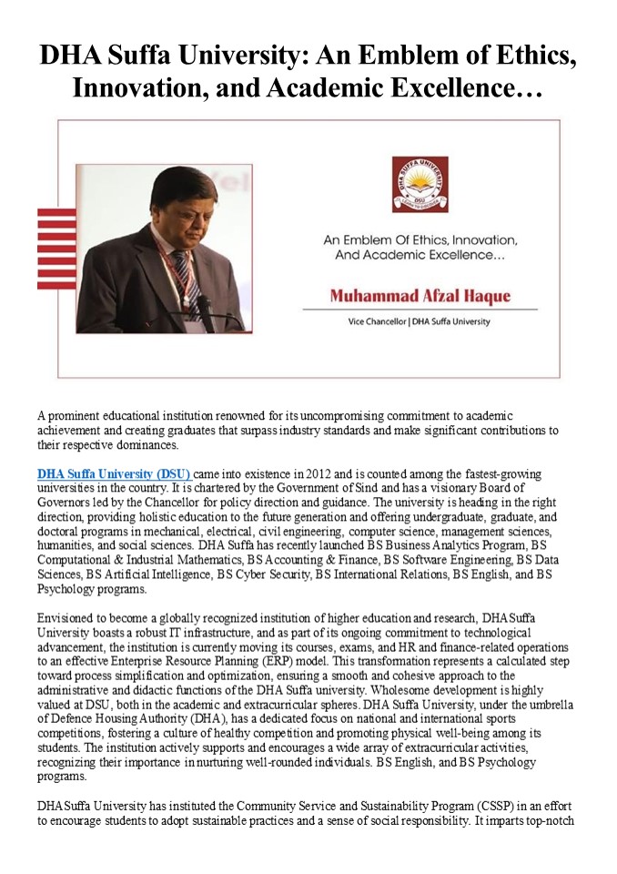 DHA Suffa University: An Emblem of Ethics, Innovation, and Academic Excellence…