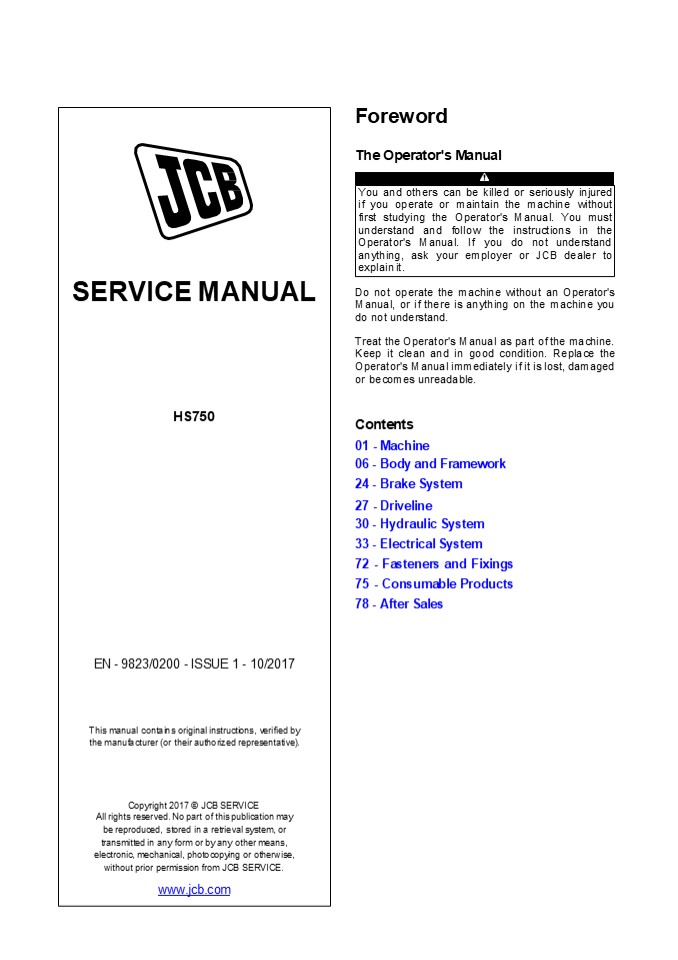 JCB HS750 Transmission Service Repair Manual Instant Download