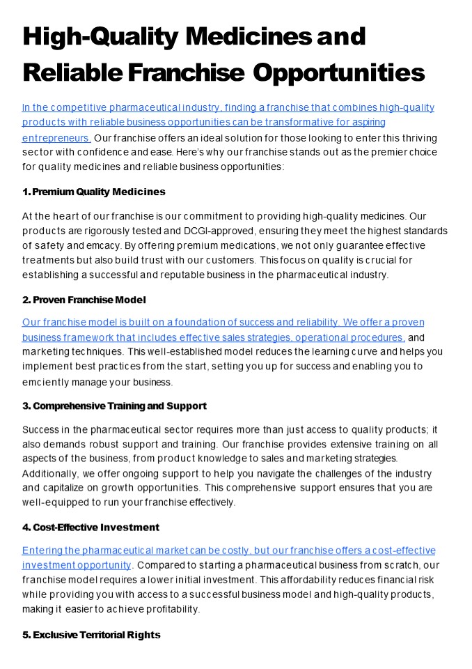 High-Quality Medicines and Reliable Franchise Opportunities