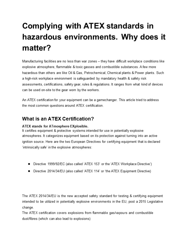 Complying with ATEX standards in hazardous environments. Why does it ...