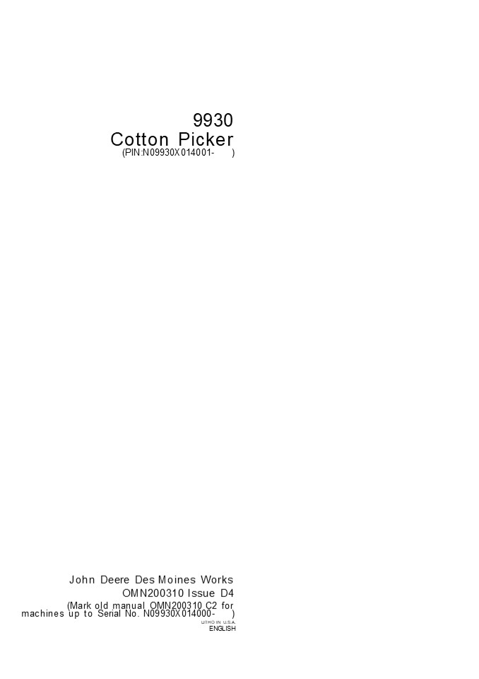 John Deere 9930 Cotton Picker (Pin.N09930X014001-) Operator’s Manual ...
