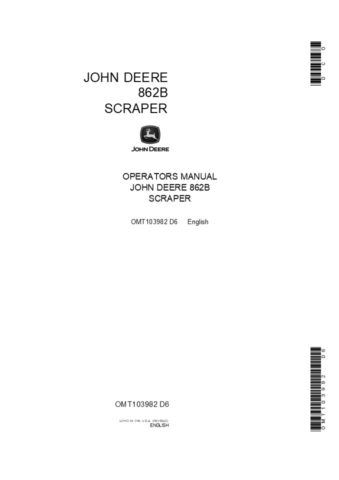 John Deere 862B SCRAPER Operator’s Manual Instant Download (Publication No.103982)