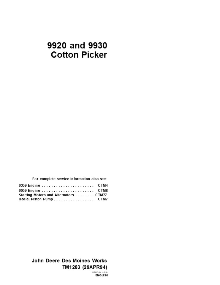 JOHN DEERE 9930 COTTON PICKER Service Repair Manual Instant Download