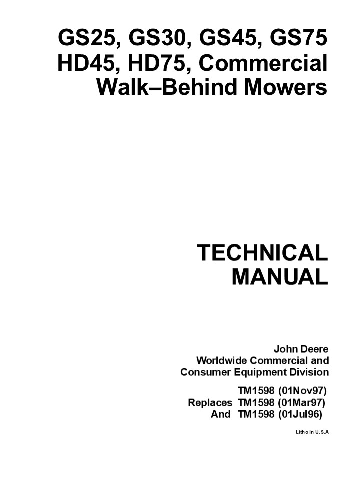 JOHN DEERE GS30 COMMERCIAL WALK-BEHIND MOWER Service Repair Manual Instant Download