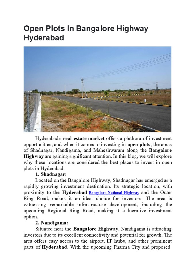 Open Plots In Bangalore Highway Hyderabad