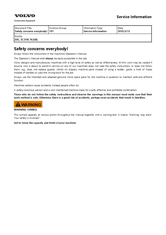 VOLVO EC210C N EC210CN EXCAVATOR Service Repair Manual Instant Download