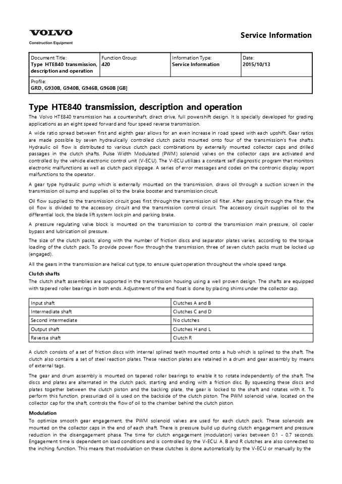 VOLVO G930B MOTOR GRADER Service Repair Manual Instant Download