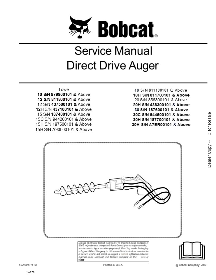 Bobcat Direct Drive Auger Service Repair Manual Instant Download