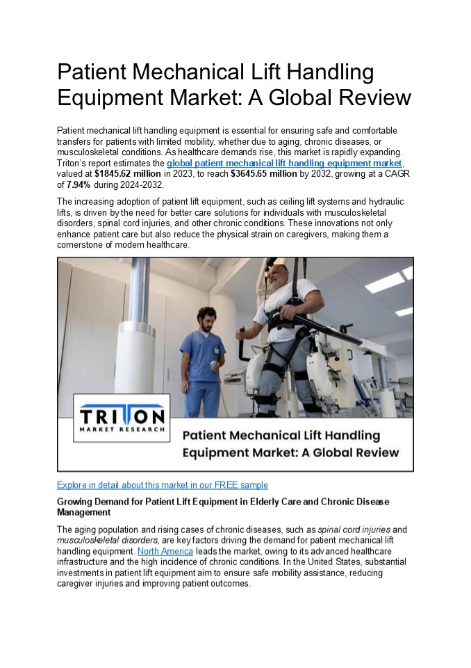 Patient Mechanical Lift Handling Equipment Market: A Global Review