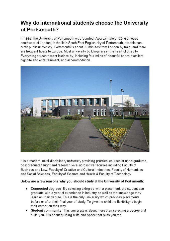 Why do international students choose the University of Portsmouth?