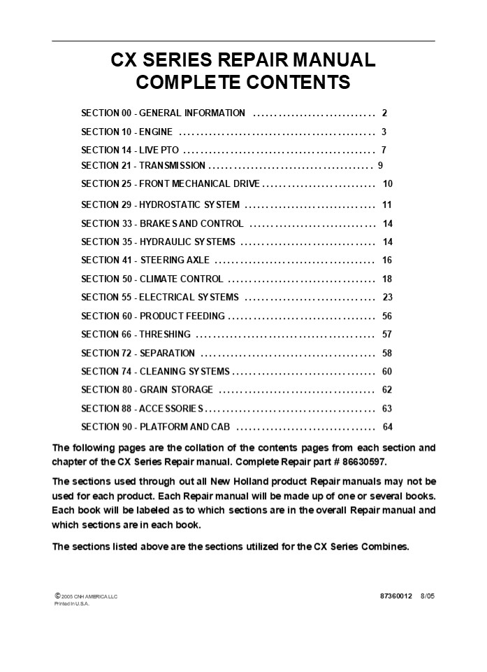 New Holland CX720 Combine Service Repair Manual Instant Download