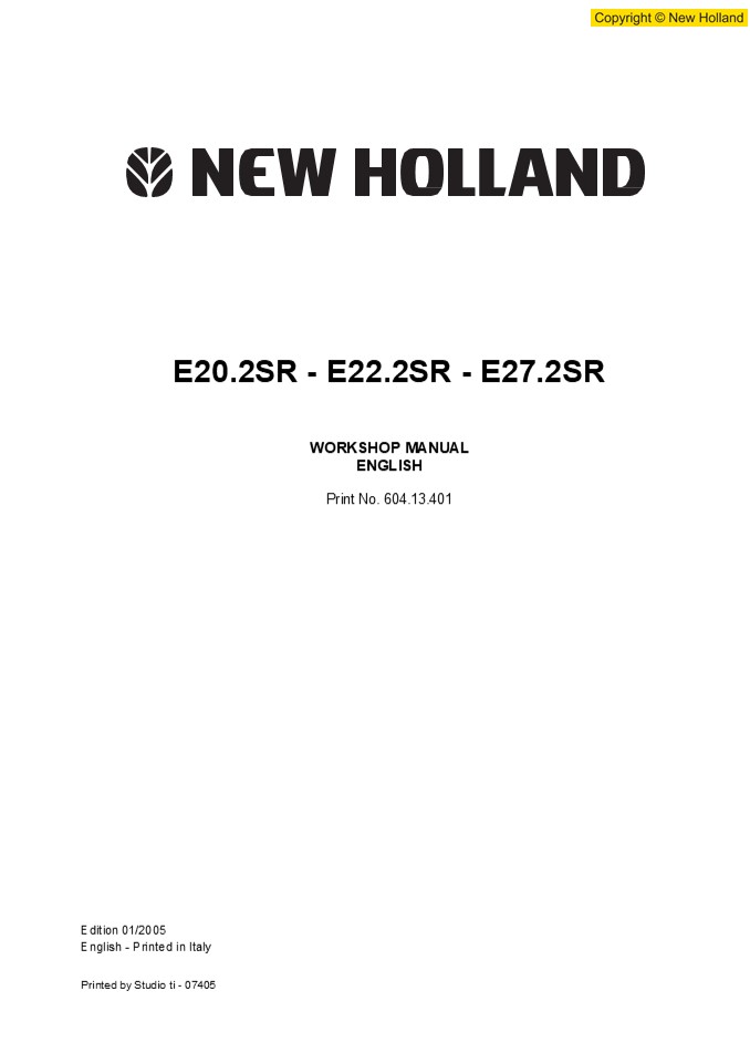 New Holland E27.2SR Hydraulic Excavator Service Repair Manual Instant Download