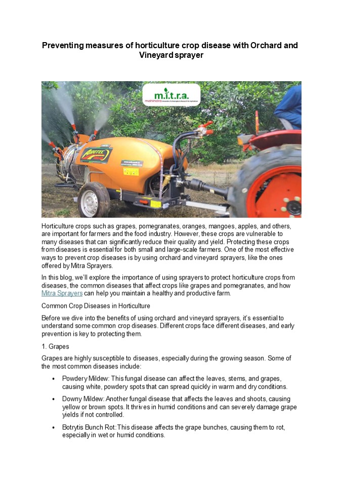 Preventing measures of horticulture crop disease with Orchard and Vineyard sprayer