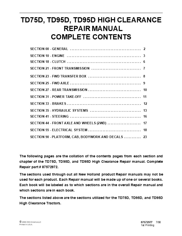 New Holland TD95D HIGH CLEARANCE Tractor Service Repair Manual Instant Download