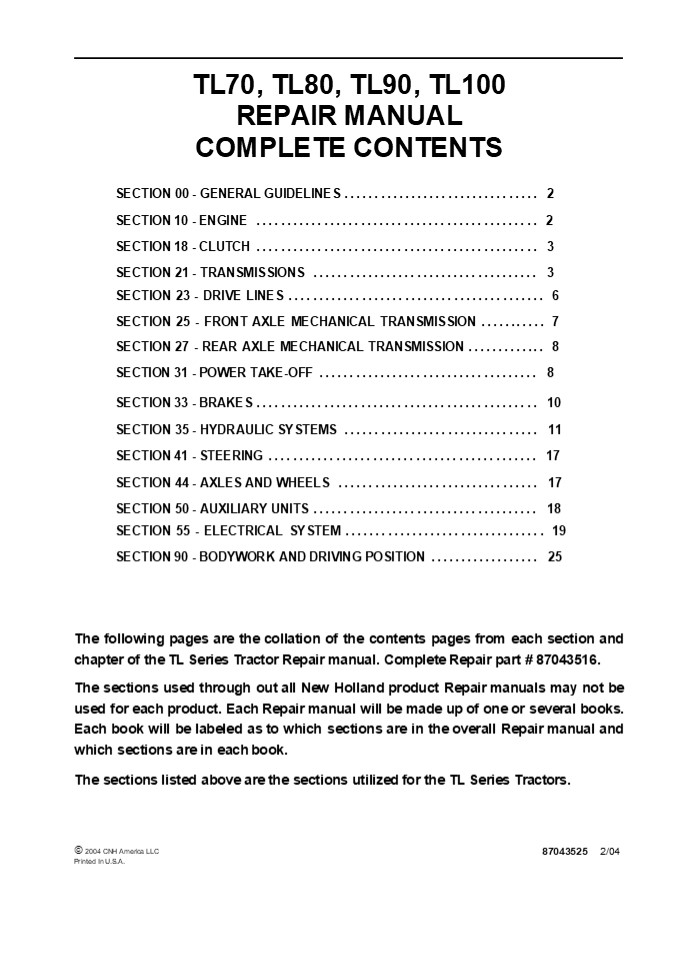 New Holland TL80 Tractor Service Repair Manual Instant Download