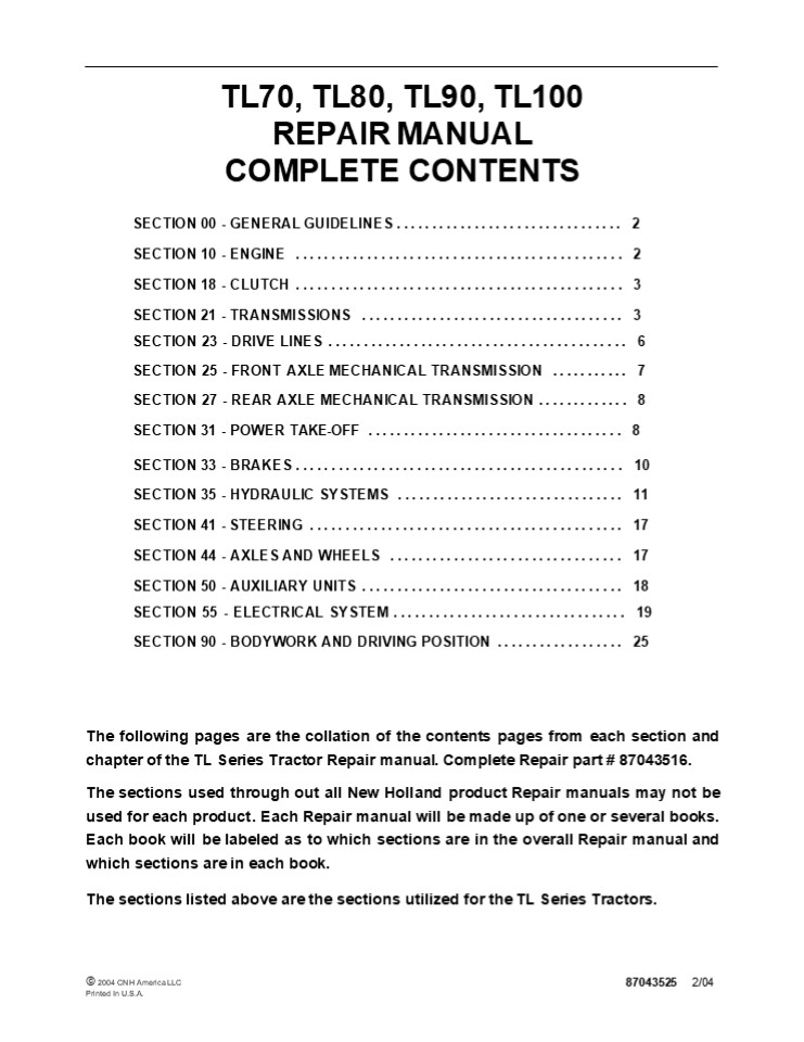 New Holland TL100 Tractor Service Repair Manual Instant Download