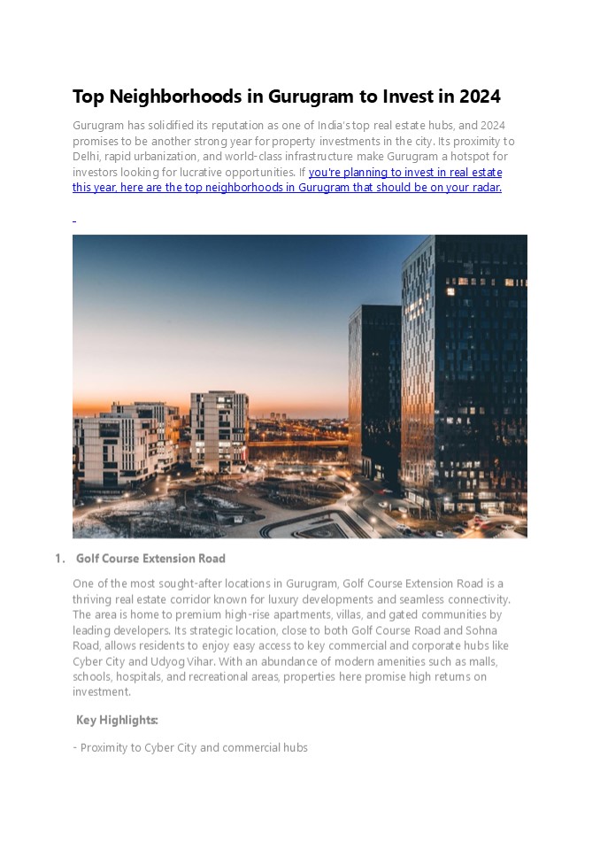 Top Neighborhoods in Gurugram to Invest in 2024
