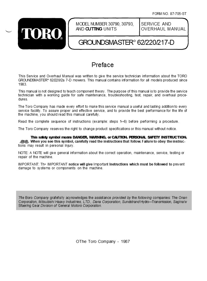 Toro Groundsmaster 62 220 217D Mower Service Repair Manual Instant Download