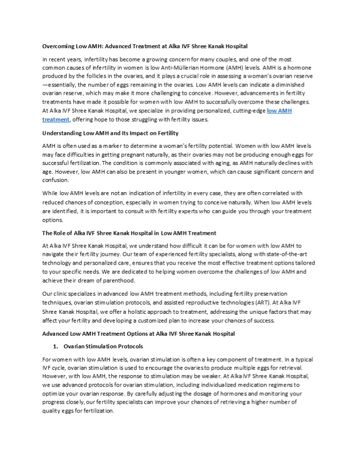 Overcoming Low AMH: Advanced Treatment at Alka IVF Shree Kanak Hospital
