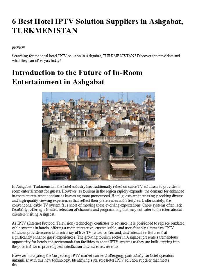 6 Best Hotel IPTV Solution Suppliers in Ashgabat, TURKMENISTAN