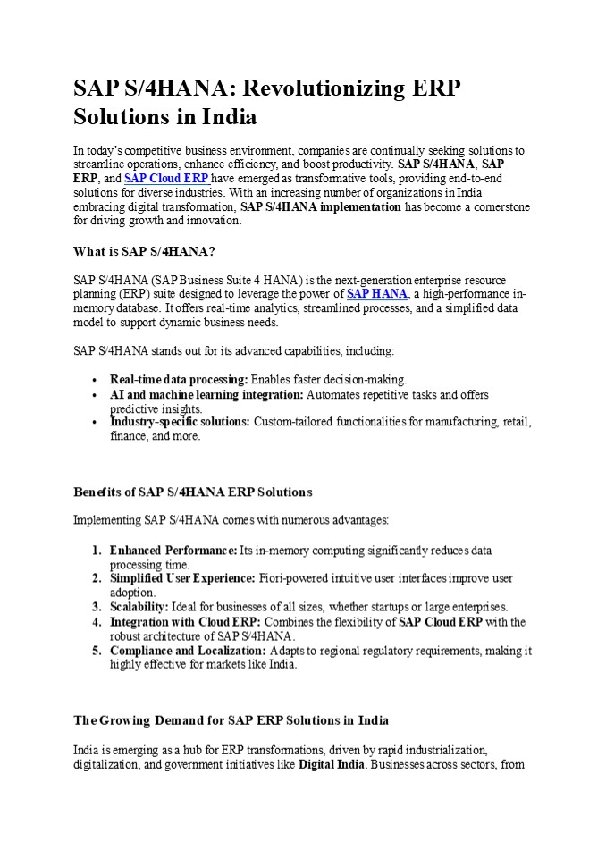 SAP S/4HANA: Revolutionizing ERP Solutions in India