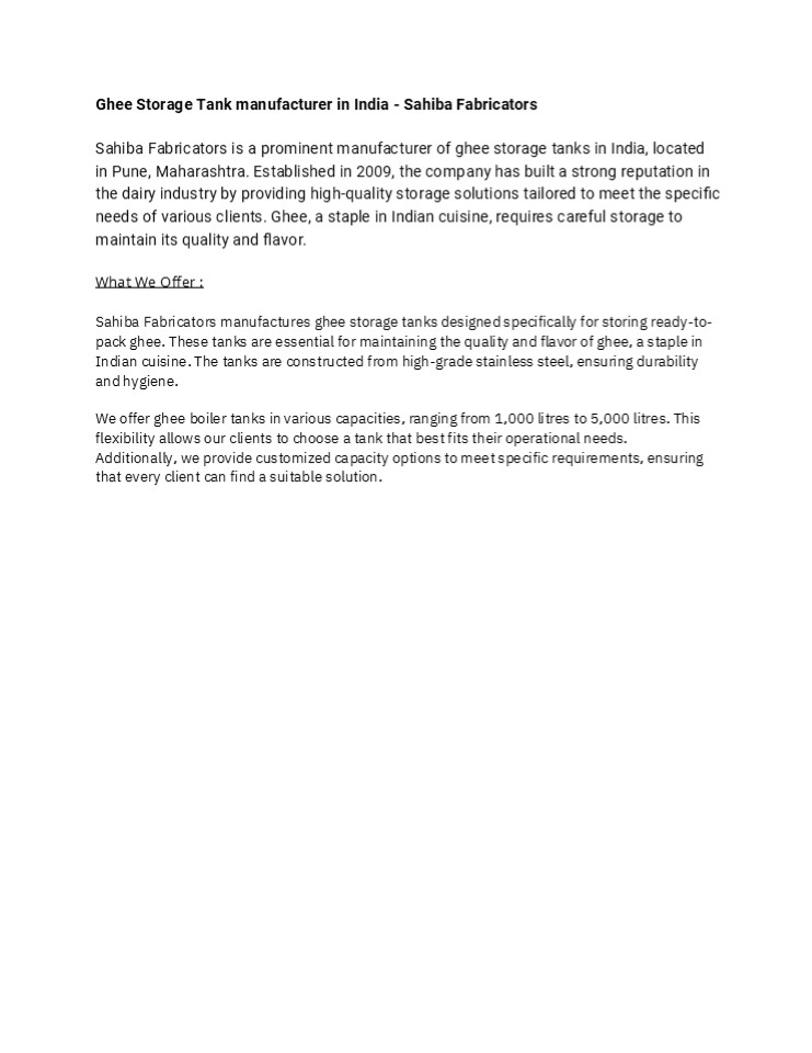 Ghee Storage Tank manufacturer in India - Sahiba Fabricators