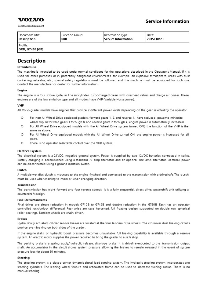 VOLVO G746B MOTOR GRADER Service Repair Manual Instant Download