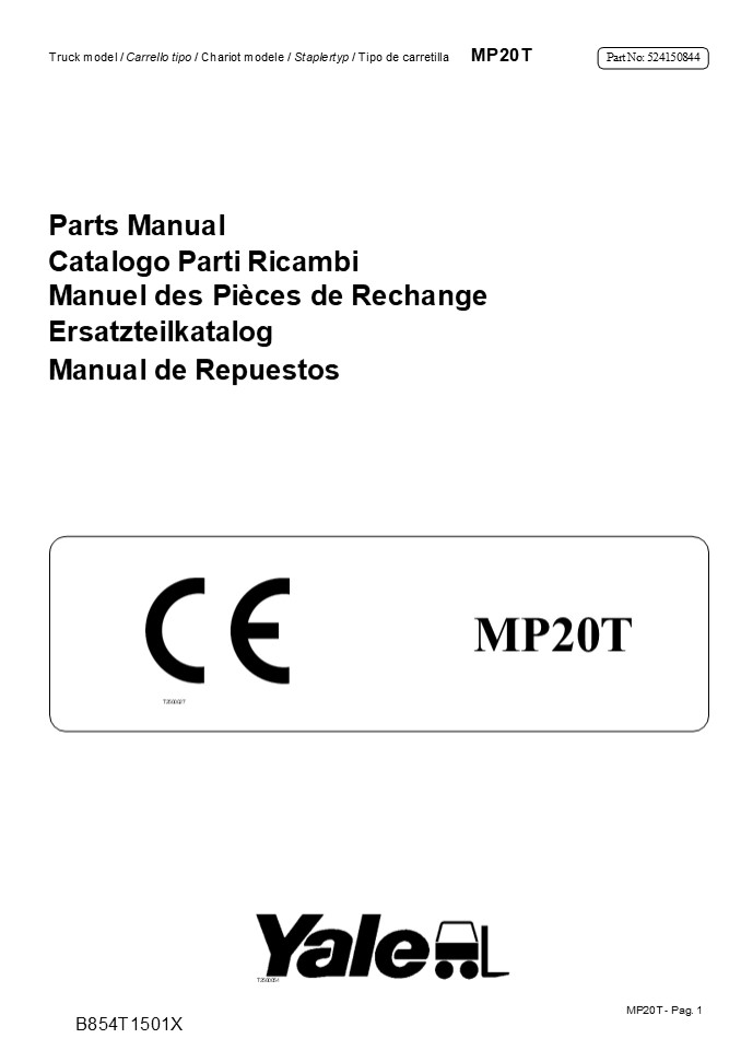 Yale (B854) MP20T Heavy Duty Pallet Truck Parts Catalogue Manual Instant Download