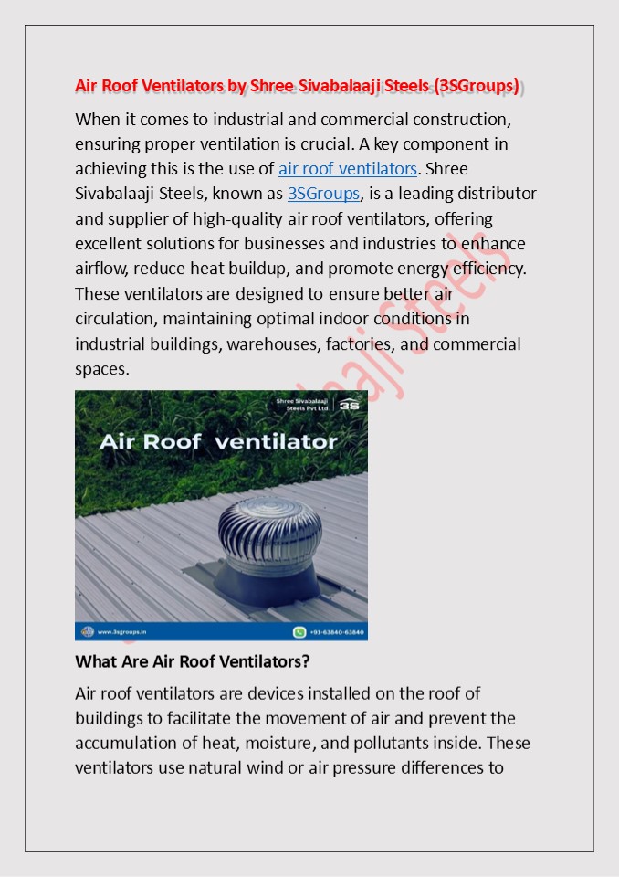 Air Roof Ventilators by Shree Sivabalaaji Steels (3SGroups)