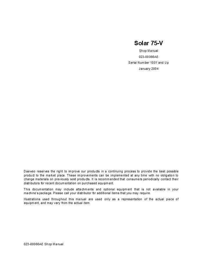 Daewoo Doosan Solar 75-V Excavator Service Repair Manual Instant Download