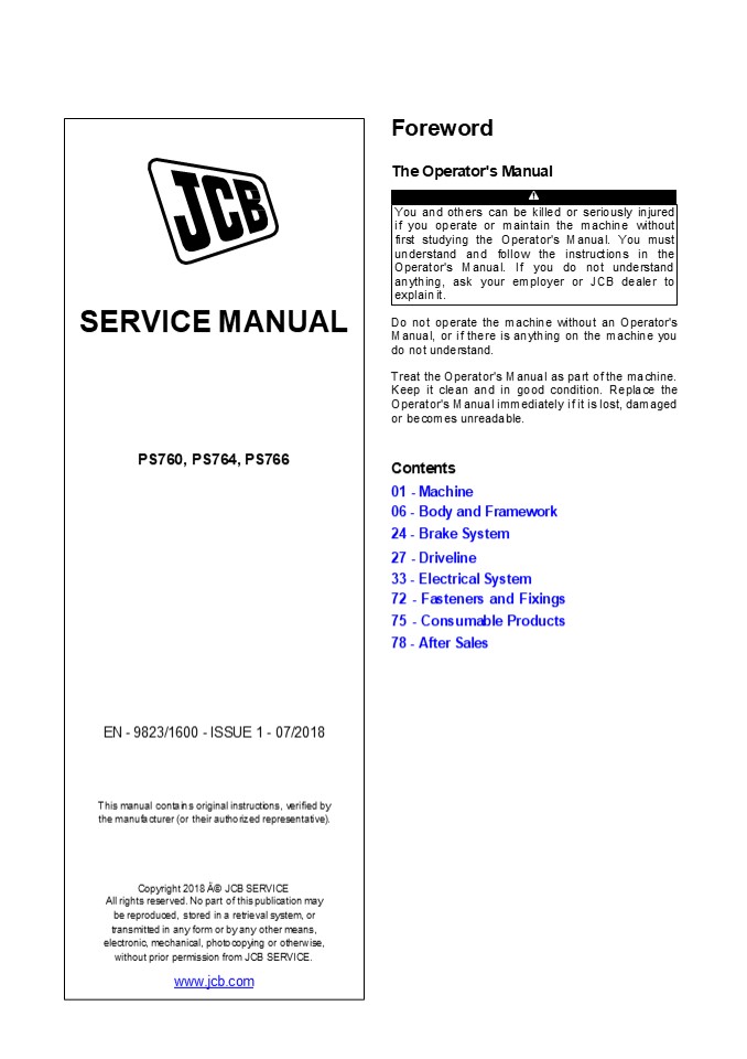 JCB PS760, PS764, PS766 Transmission Service Repair Manual Instant Download