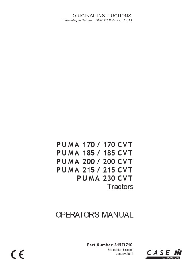 Case IH Puma 170170CVT Puma 185185CVT Puma 200200CVT Puma 215215CVT Puma 230CVT Tractors Operator’s Manual Instant Download (Publication No.84571710)